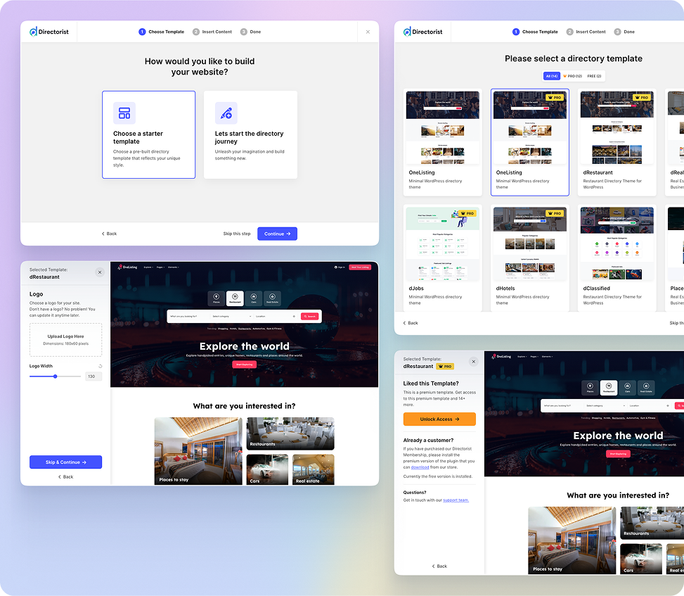Directorist theme setup wizard interface